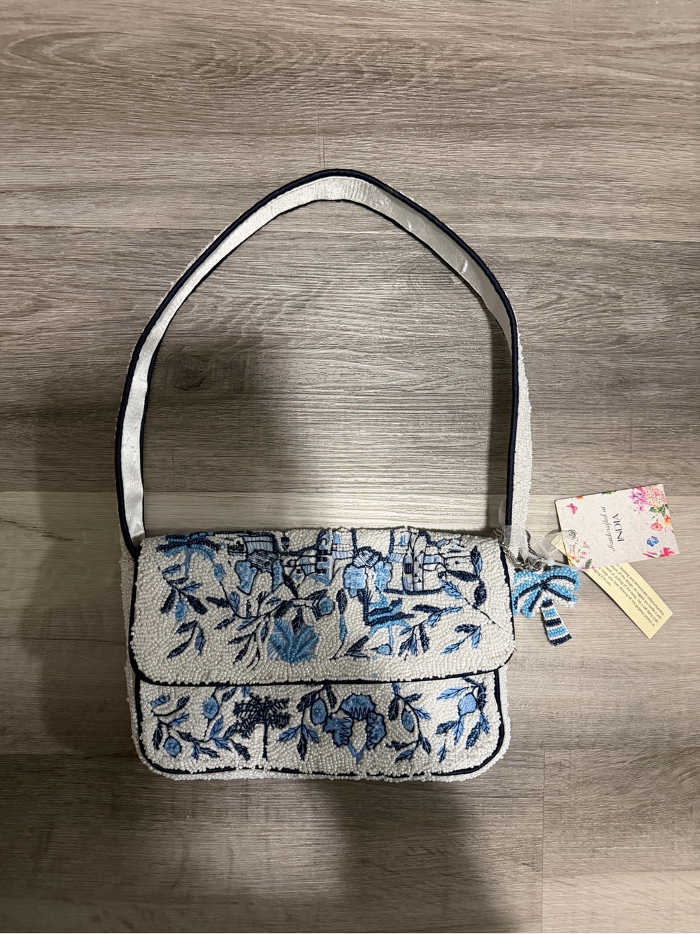 Made in India • Blue and White Beaded Palm Tree Shoulder Bag